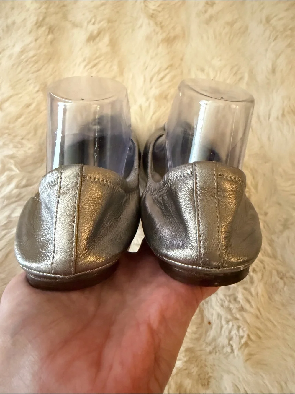 Tory Burch sz 9 great condition gun Metallic Silver Ballet Flats blinged TB logo