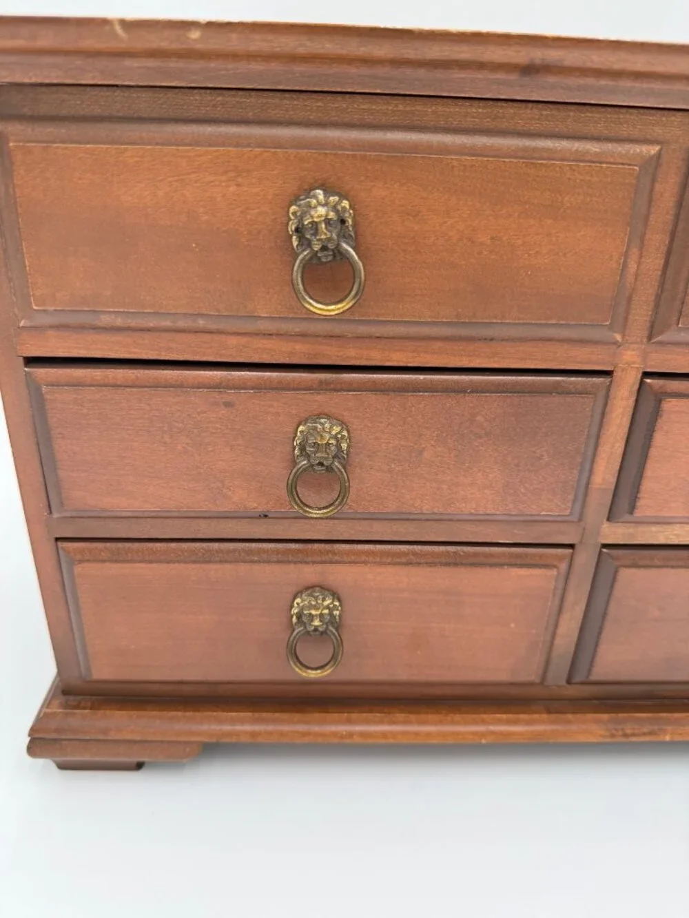 Vintage Wooden Jewelry Box Chest 6 Drawers Lionhead Wood Velvet Line Storage